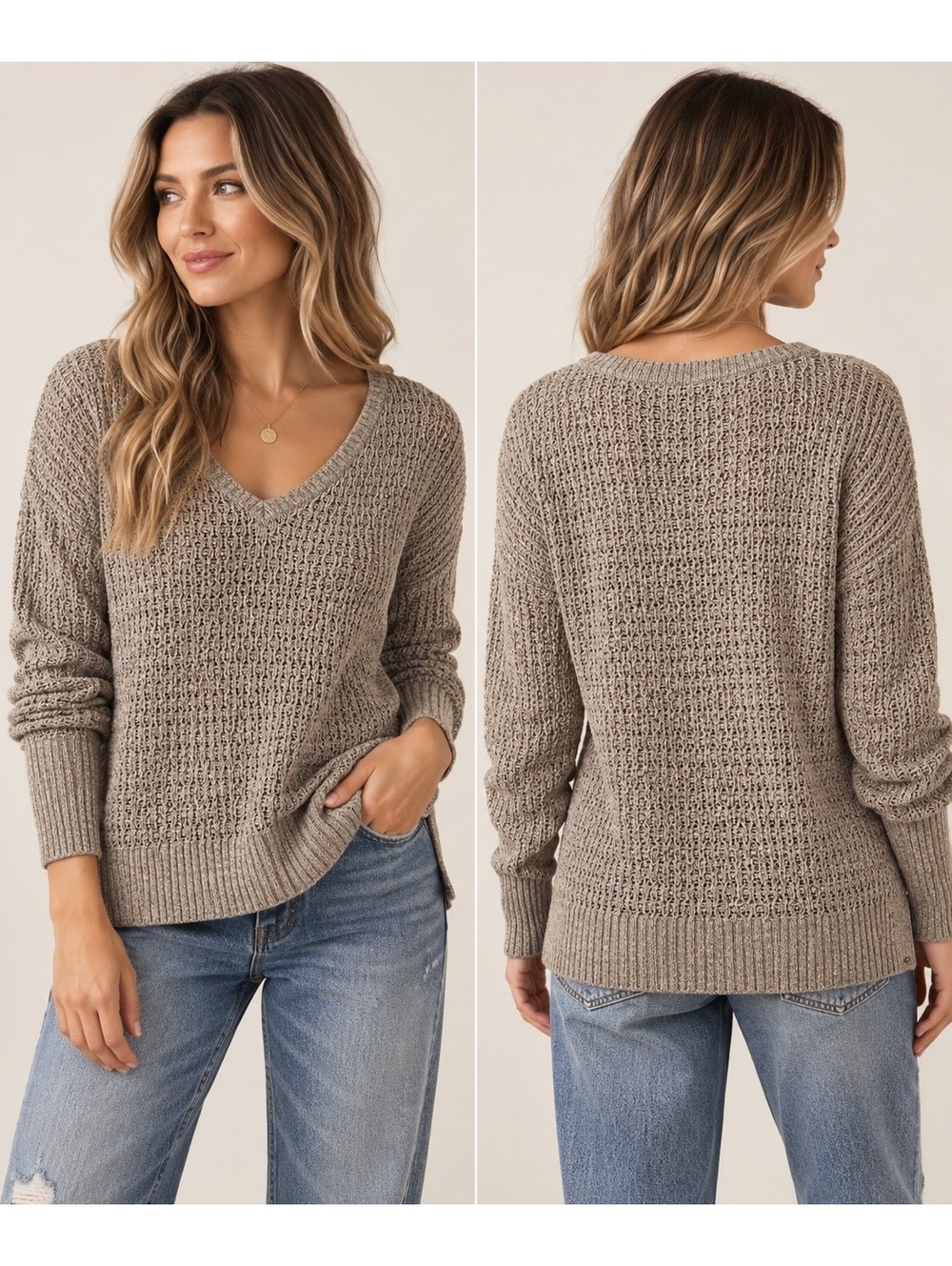American Eagle Open Knit V Neck Sweater S Brown Wool Blend Cozy Boho Y2K